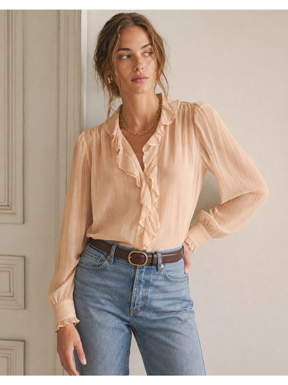 J Crew Womens Ruffle Button Up Shirt Sz 00 Pale Pine Tan Crinkle Chiffon Blouse